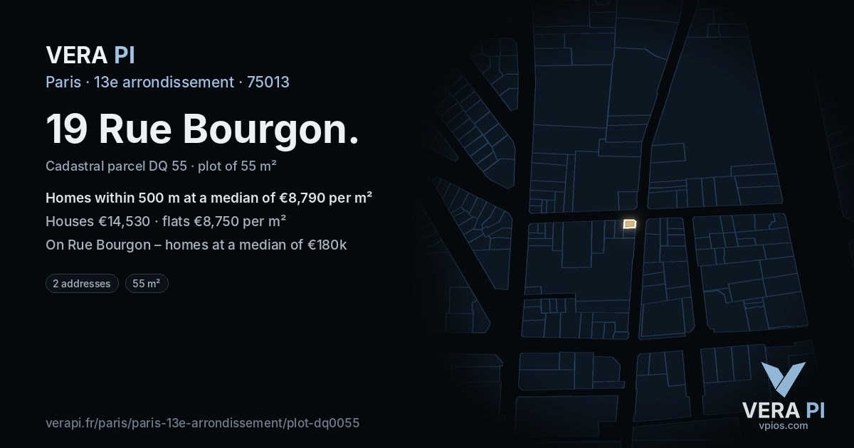 19 Rue Bourgon, 13e arrondissement at night – the plot lit, the parcels around coloured by the prices near them