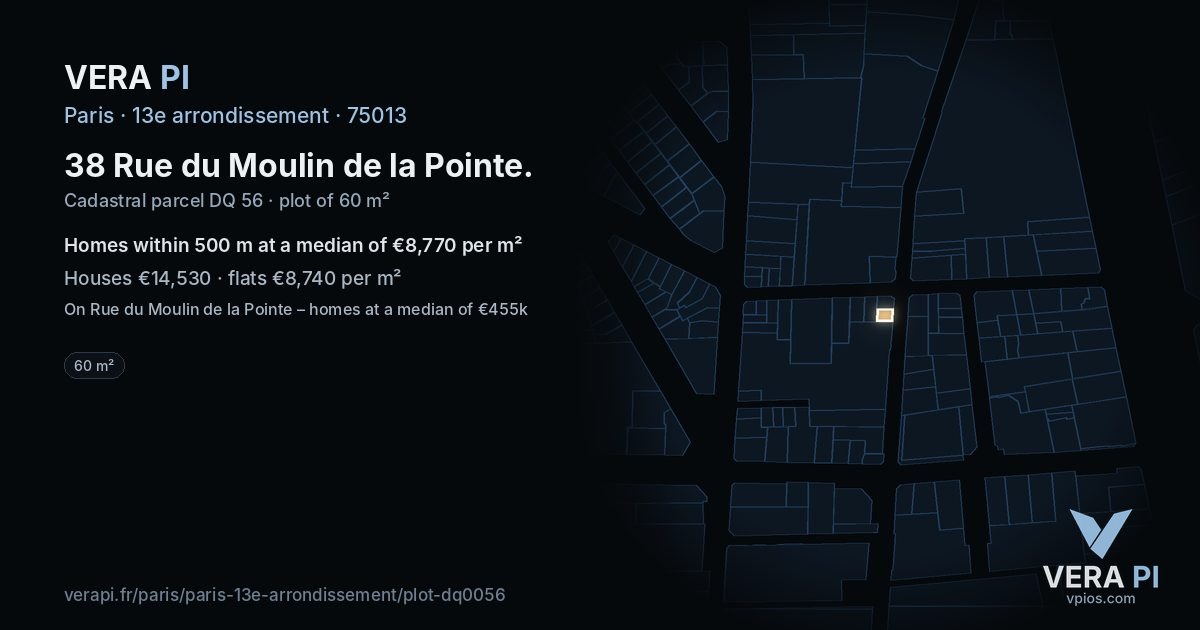 38 Rue du Moulin de la Pointe, 13e arrondissement at night – the plot lit, the parcels around coloured by the prices near them