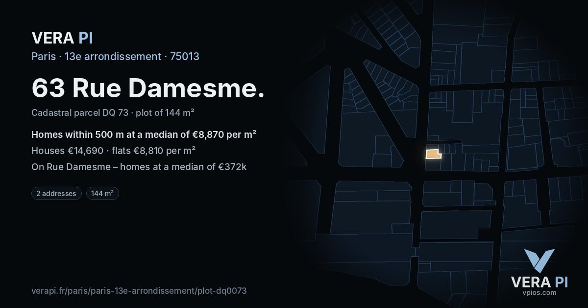 63 Rue Damesme, 13e arrondissement at night – the plot lit, the parcels around coloured by the prices near them