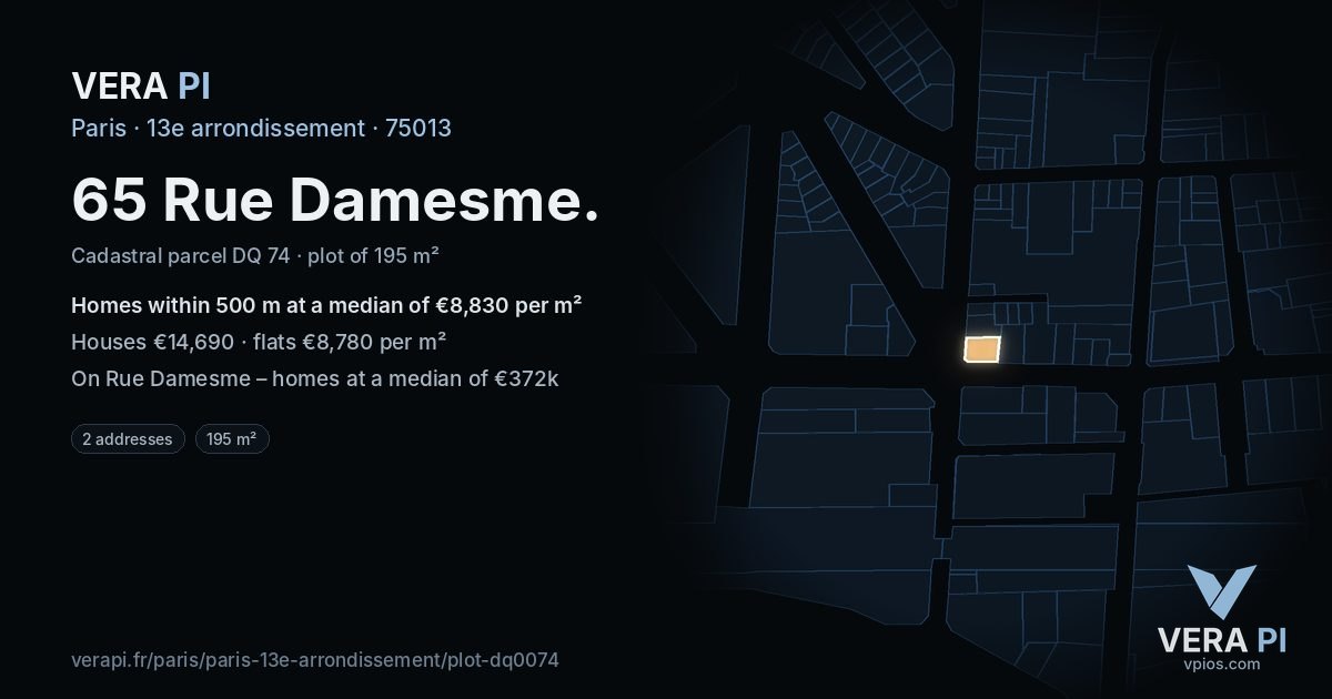 65 Rue Damesme, 13e arrondissement at night – the plot lit, the parcels around coloured by the prices near them