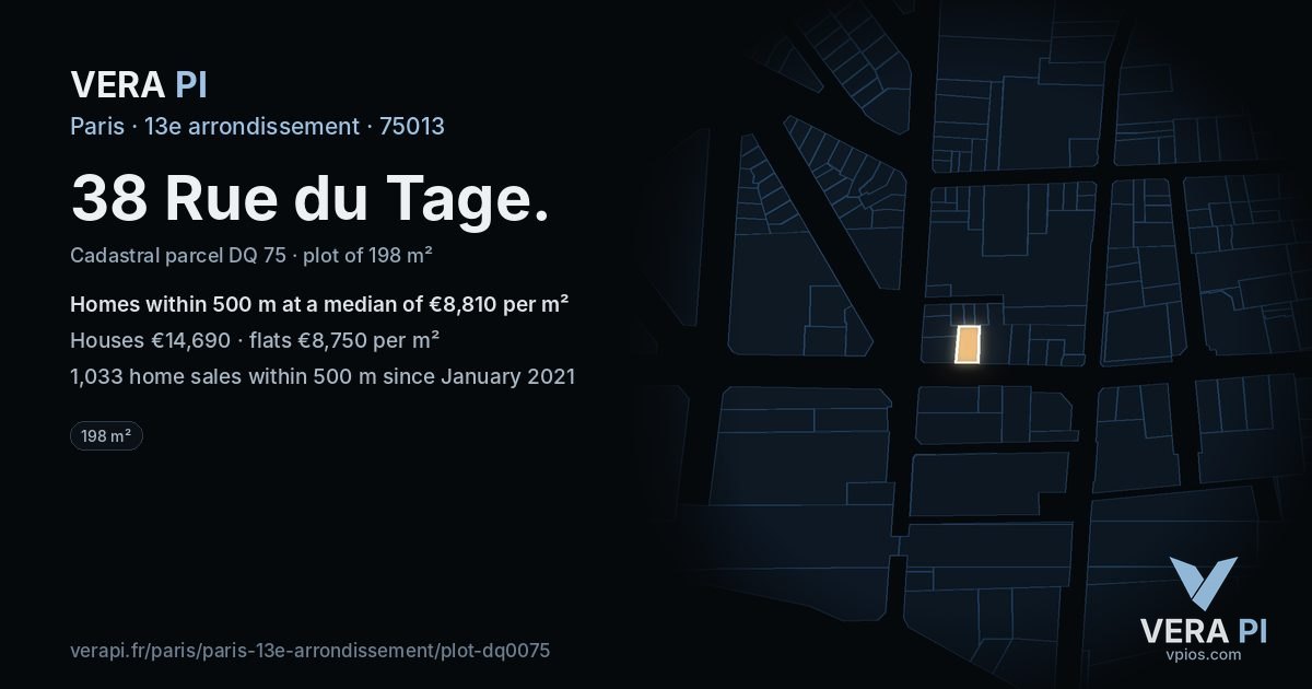 38 Rue du Tage, 13e arrondissement at night – the plot lit, the parcels around coloured by the prices near them