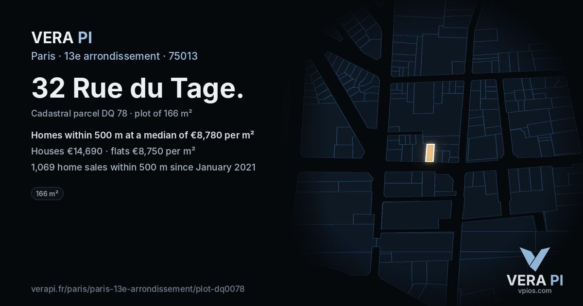 32 Rue du Tage, 13e arrondissement at night – the plot lit, the parcels around coloured by the prices near them