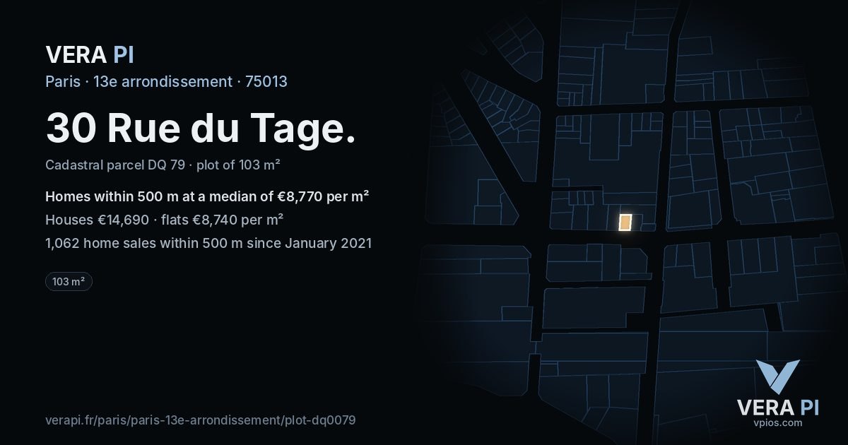 30 Rue du Tage, 13e arrondissement at night – the plot lit, the parcels around coloured by the prices near them