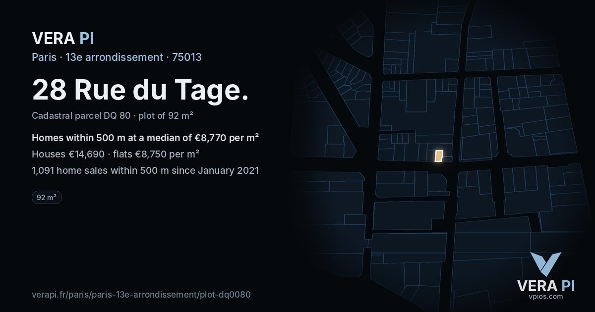 28 Rue du Tage, 13e arrondissement at night – the plot lit, the parcels around coloured by the prices near them