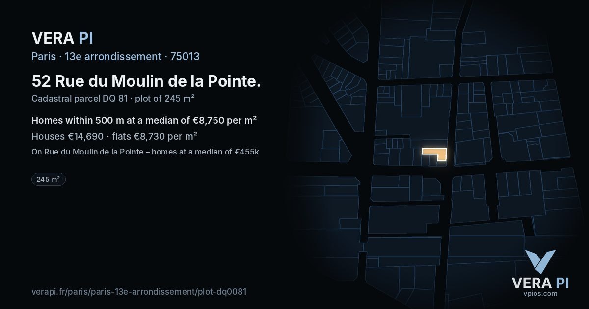 52 Rue du Moulin de la Pointe, 13e arrondissement at night – the plot lit, the parcels around coloured by the prices near them