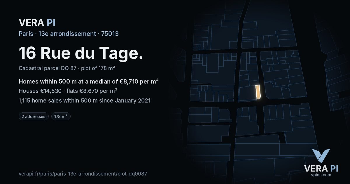 16 Rue du Tage, 13e arrondissement at night – the plot lit, the parcels around coloured by the prices near them