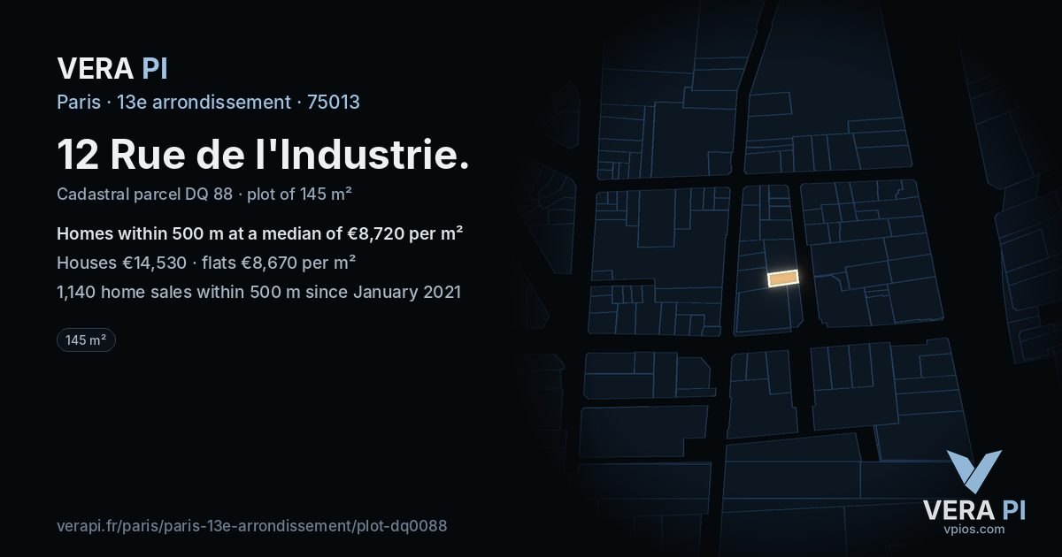 12 Rue de l'Industrie, 13e arrondissement at night – the plot lit, the parcels around coloured by the prices near them