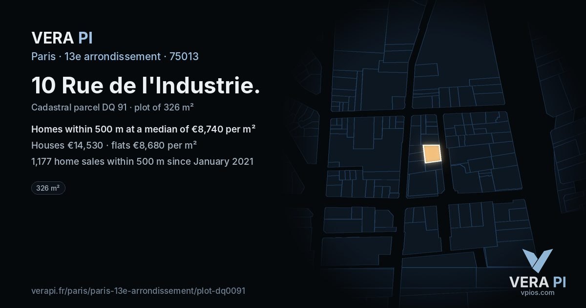 10 Rue de l'Industrie, 13e arrondissement at night – the plot lit, the parcels around coloured by the prices near them