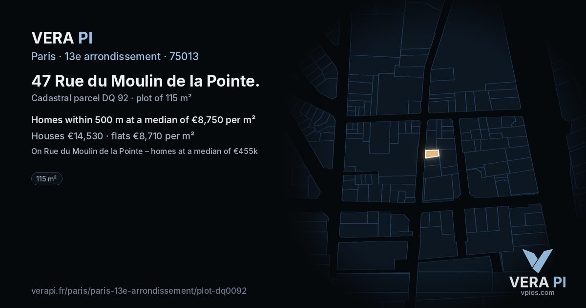 47 Rue du Moulin de la Pointe, 13e arrondissement at night – the plot lit, the parcels around coloured by the prices near them