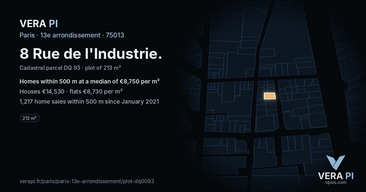 8 Rue de l'Industrie, 13e arrondissement at night – the plot lit, the parcels around coloured by the prices near them