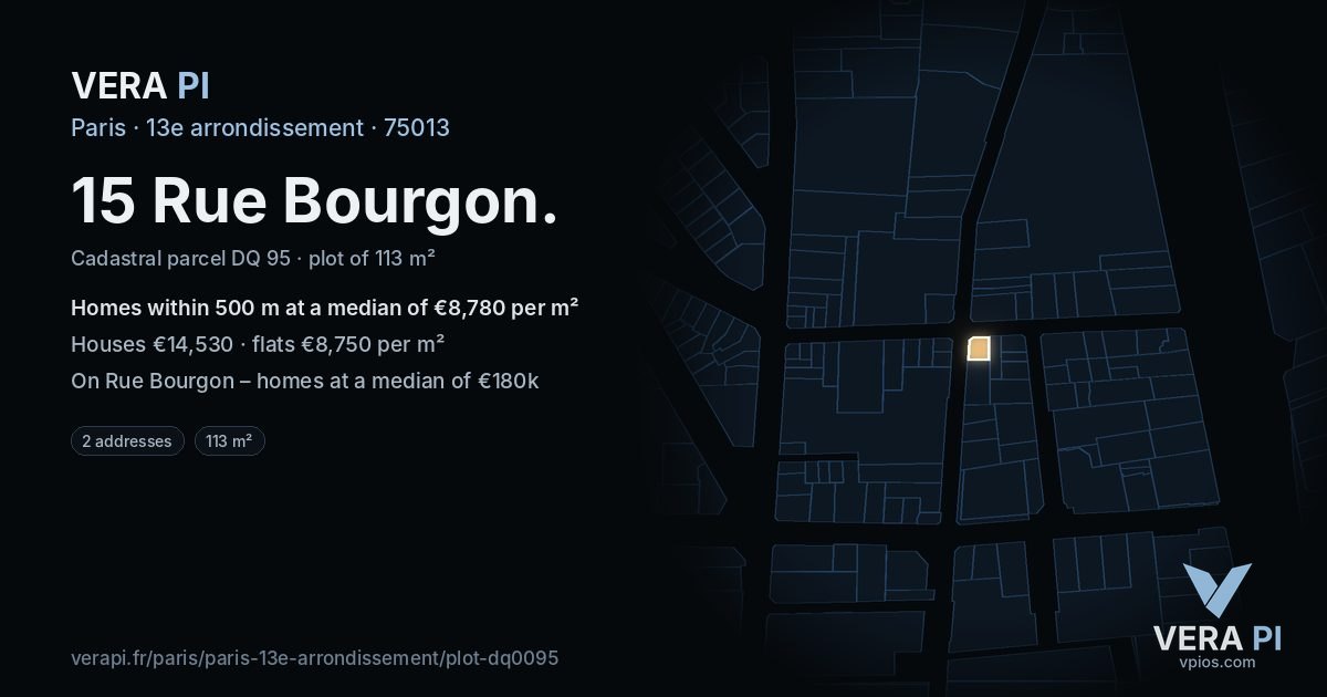 15 Rue Bourgon, 13e arrondissement at night – the plot lit, the parcels around coloured by the prices near them