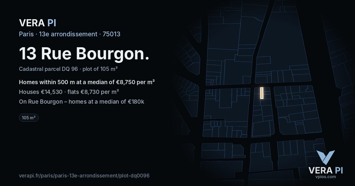 13 Rue Bourgon, 13e arrondissement at night – the plot lit, the parcels around coloured by the prices near them