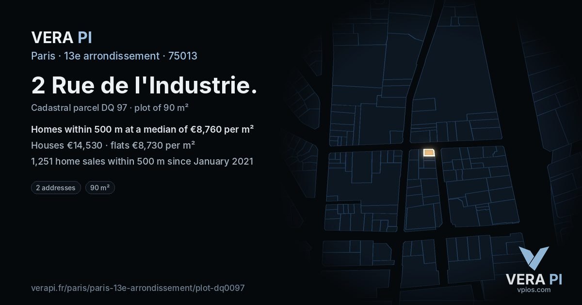 2 Rue de l'Industrie, 13e arrondissement at night – the plot lit, the parcels around coloured by the prices near them