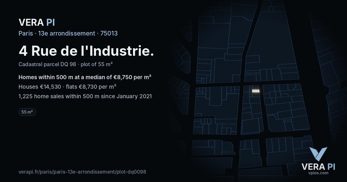 4 Rue de l'Industrie, 13e arrondissement at night – the plot lit, the parcels around coloured by the prices near them