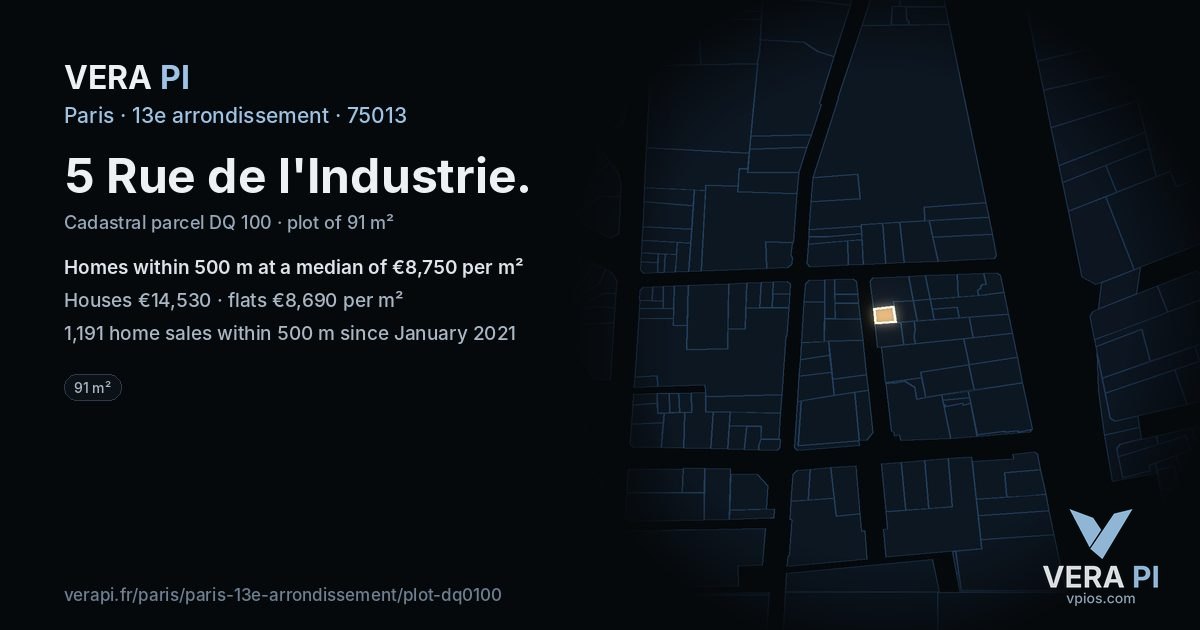 5 Rue de l'Industrie, 13e arrondissement at night – the plot lit, the parcels around coloured by the prices near them