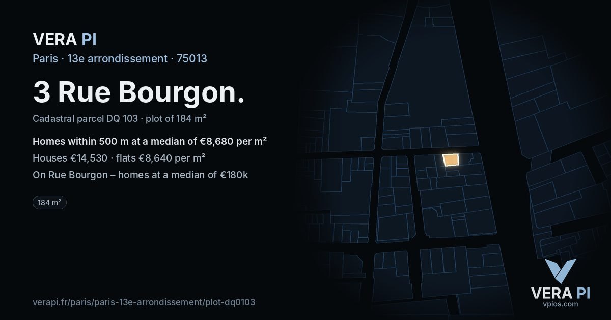 3 Rue Bourgon, 13e arrondissement at night – the plot lit, the parcels around coloured by the prices near them