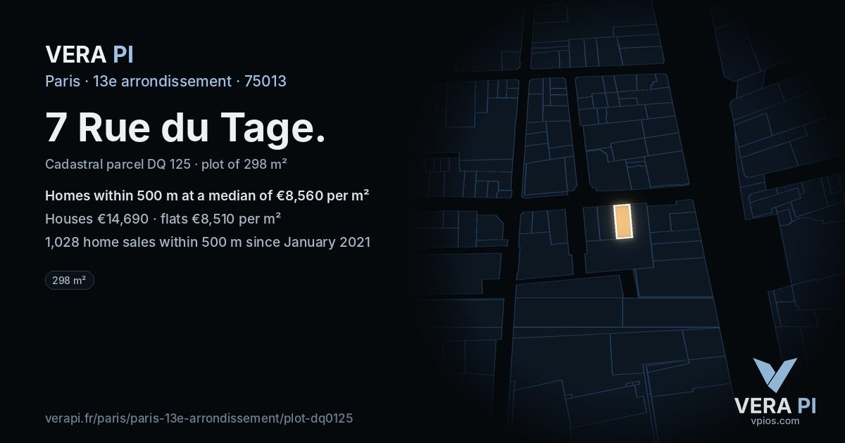 7 Rue du Tage, 13e arrondissement at night – the plot lit, the parcels around coloured by the prices near them
