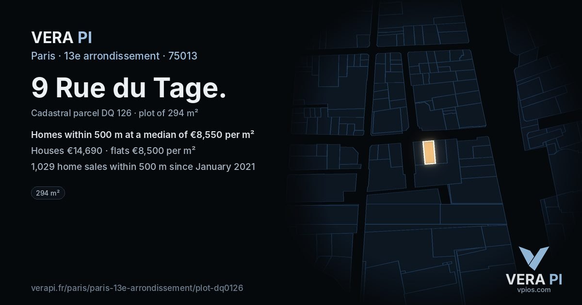 9 Rue du Tage, 13e arrondissement at night – the plot lit, the parcels around coloured by the prices near them