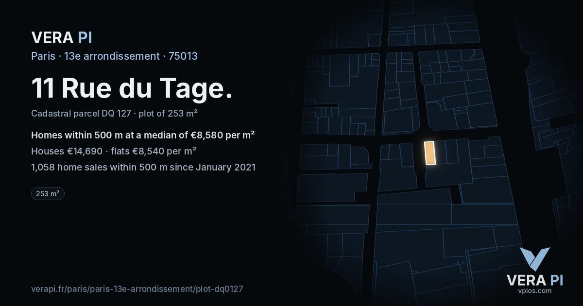 11 Rue du Tage, 13e arrondissement at night – the plot lit, the parcels around coloured by the prices near them