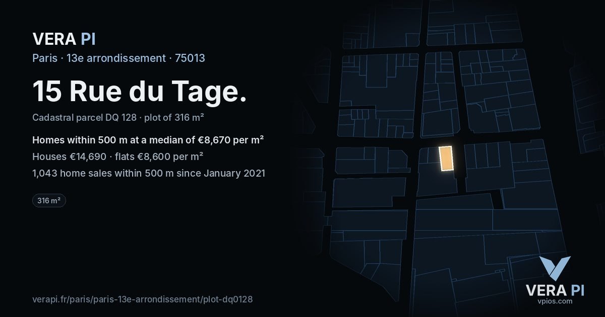 15 Rue du Tage, 13e arrondissement at night – the plot lit, the parcels around coloured by the prices near them