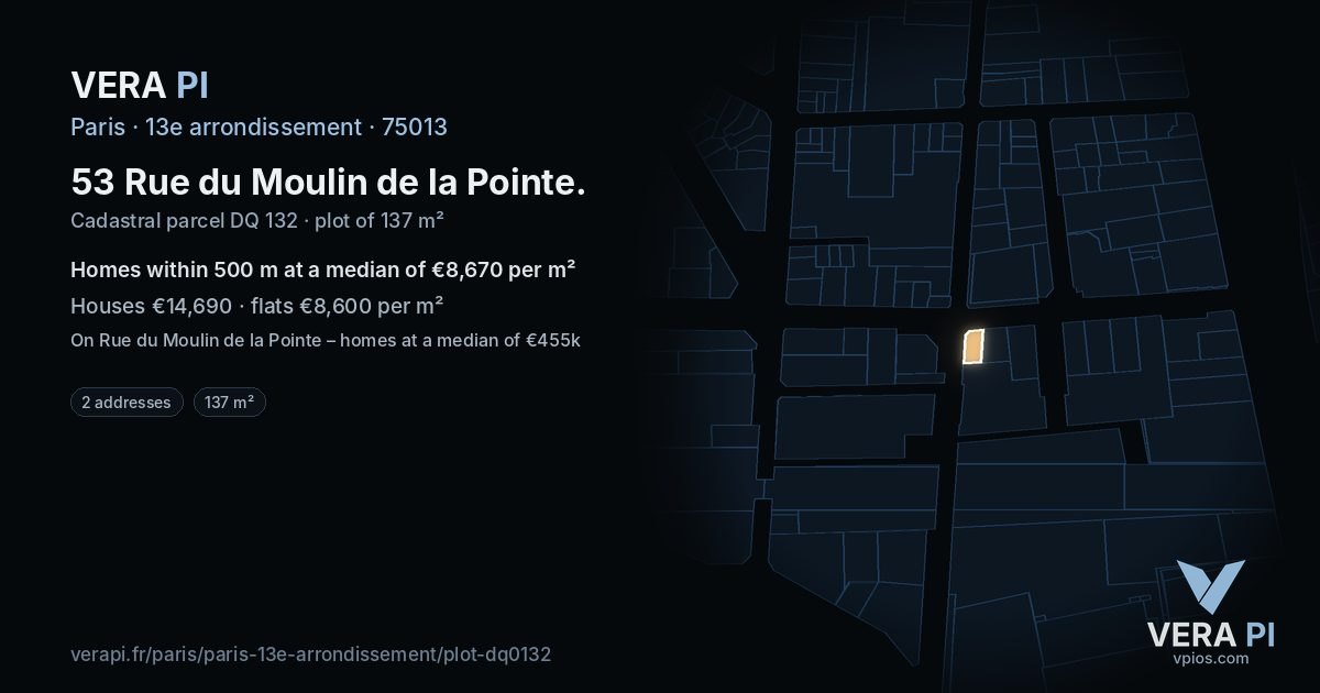 53 Rue du Moulin de la Pointe, 13e arrondissement at night – the plot lit, the parcels around coloured by the prices near them