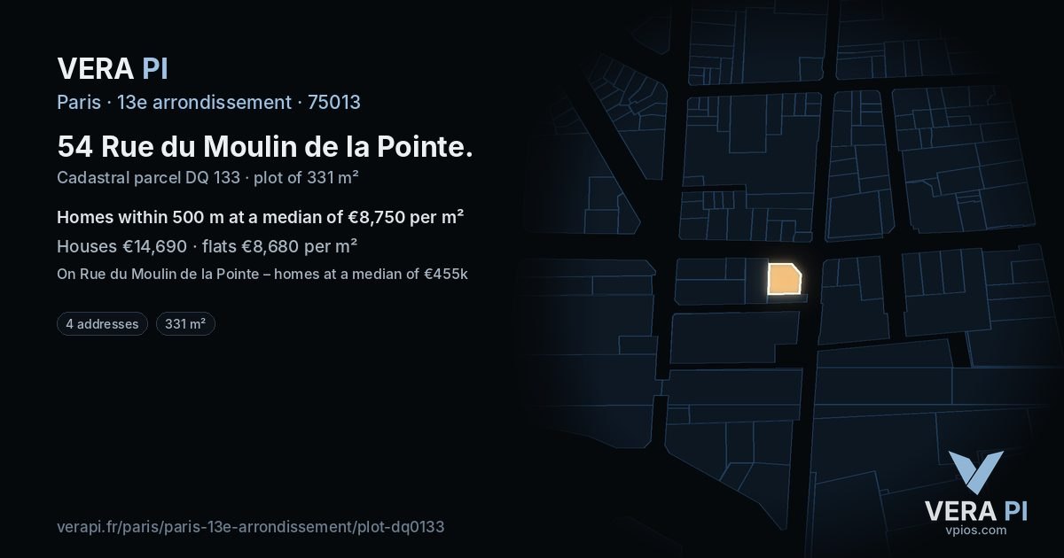 54 Rue du Moulin de la Pointe, 13e arrondissement at night – the plot lit, the parcels around coloured by the prices near them