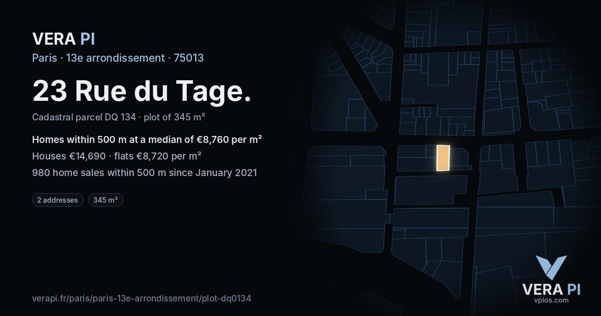 23 Rue du Tage, 13e arrondissement at night – the plot lit, the parcels around coloured by the prices near them