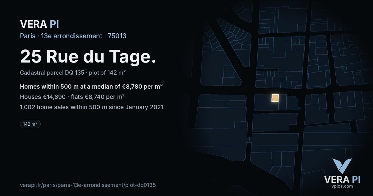 25 Rue du Tage, 13e arrondissement at night – the plot lit, the parcels around coloured by the prices near them
