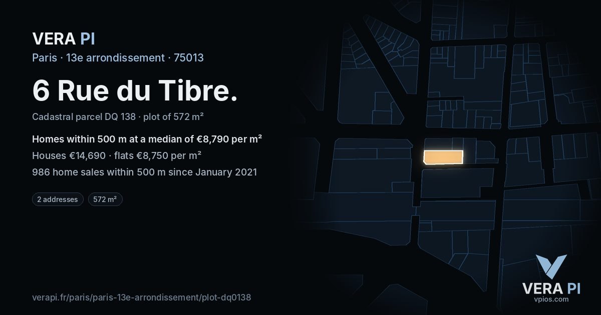 6 Rue du Tibre, 13e arrondissement at night – the plot lit, the parcels around coloured by the prices near them