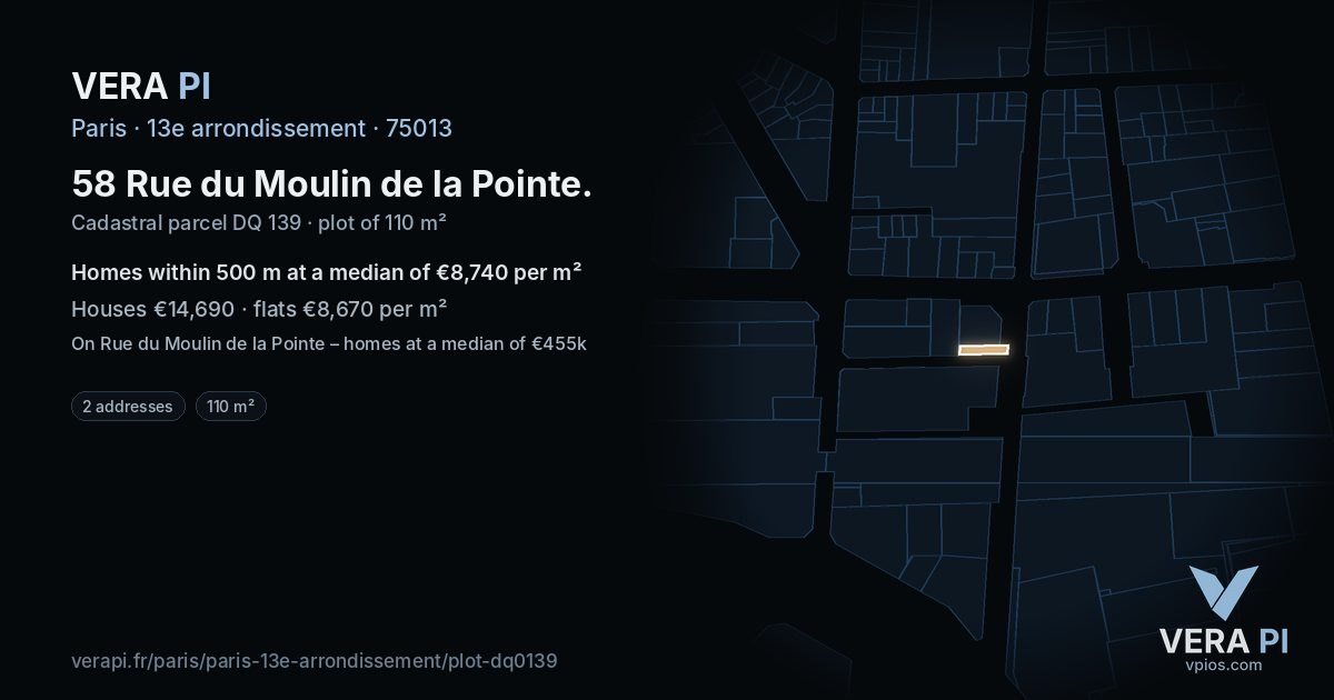 58 Rue du Moulin de la Pointe, 13e arrondissement at night – the plot lit, the parcels around coloured by the prices near them