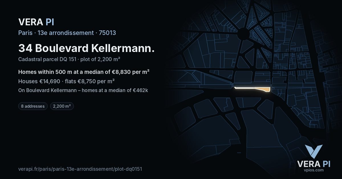 34 Boulevard Kellermann, 13e arrondissement at night – the plot lit, the parcels around coloured by the prices near them