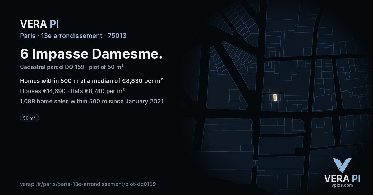 6 Impasse Damesme, 13e arrondissement at night – the plot lit, the parcels around coloured by the prices near them