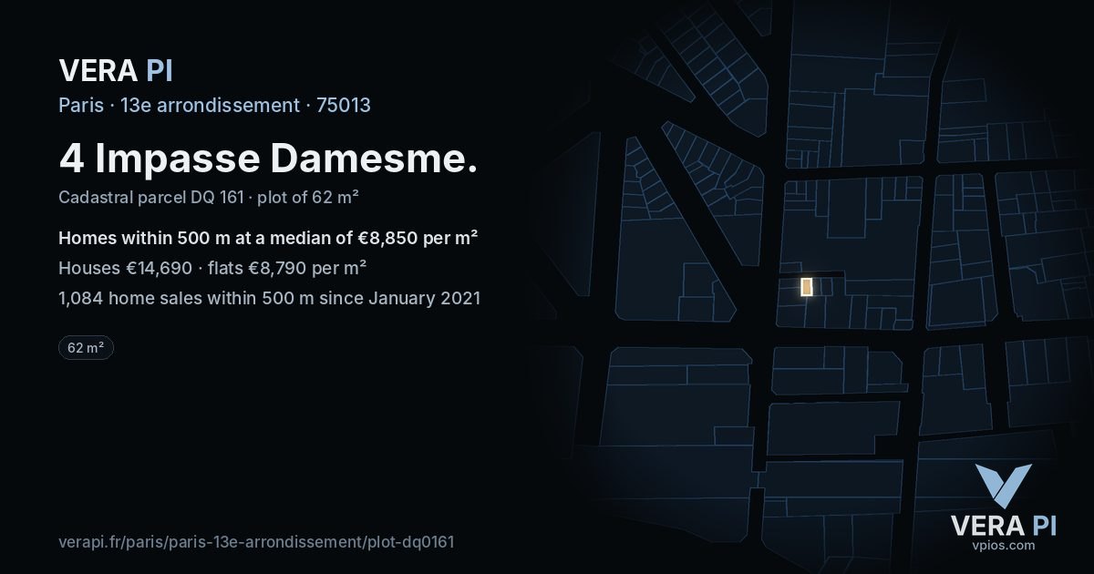 4 Impasse Damesme, 13e arrondissement at night – the plot lit, the parcels around coloured by the prices near them