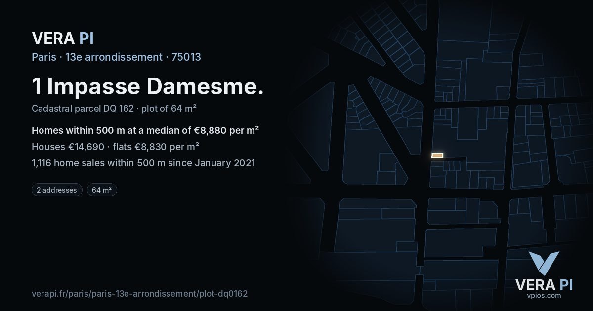 1 Impasse Damesme, 13e arrondissement at night – the plot lit, the parcels around coloured by the prices near them