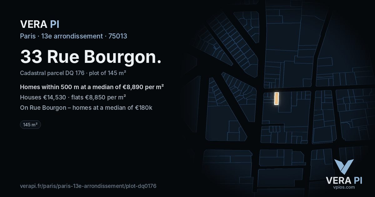 33 Rue Bourgon, 13e arrondissement at night – the plot lit, the parcels around coloured by the prices near them