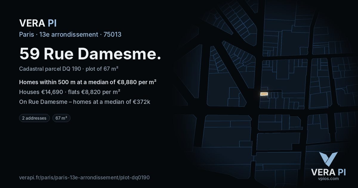 59 Rue Damesme, 13e arrondissement at night – the plot lit, the parcels around coloured by the prices near them
