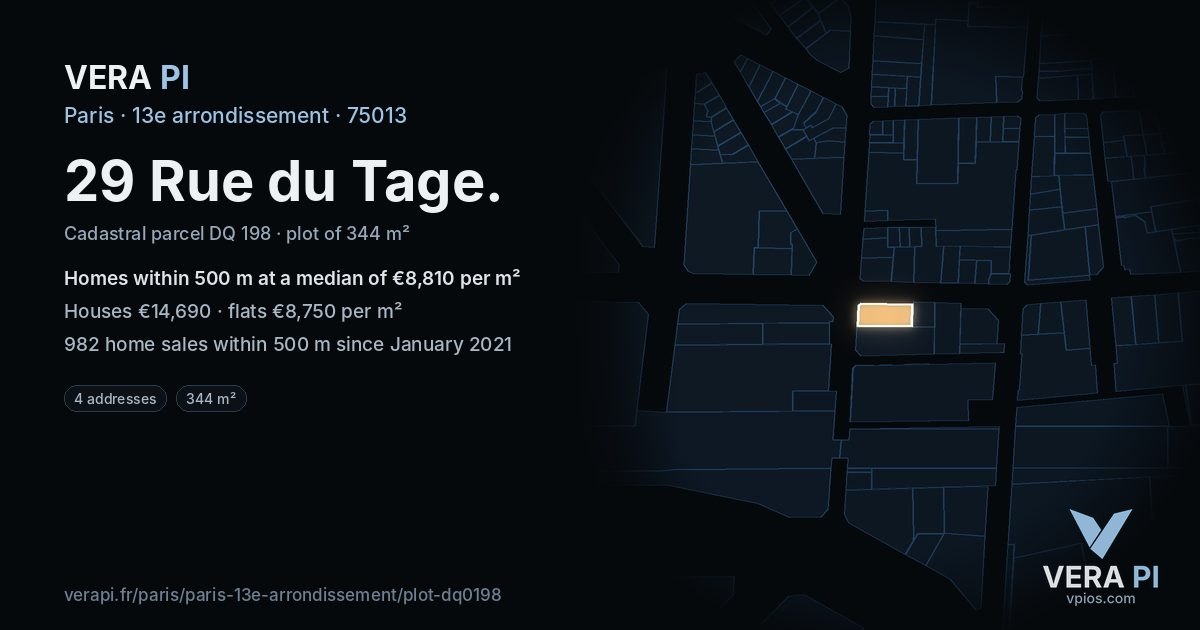 29 Rue du Tage, 13e arrondissement at night – the plot lit, the parcels around coloured by the prices near them