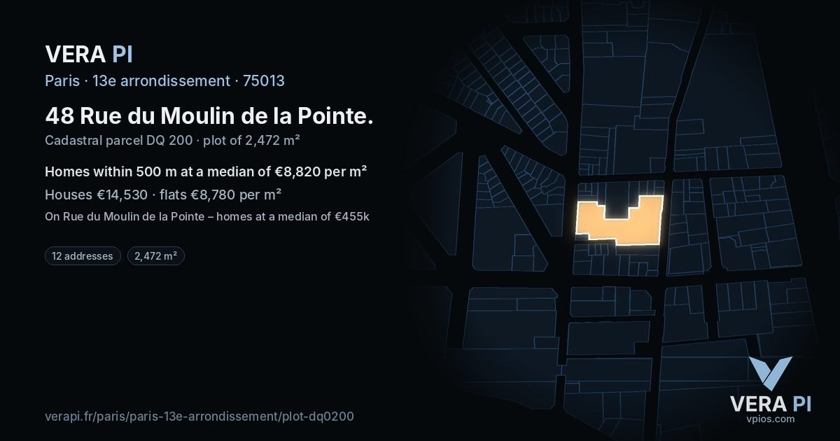 48 Rue du Moulin de la Pointe, 13e arrondissement at night – the plot lit, the parcels around coloured by the prices near them