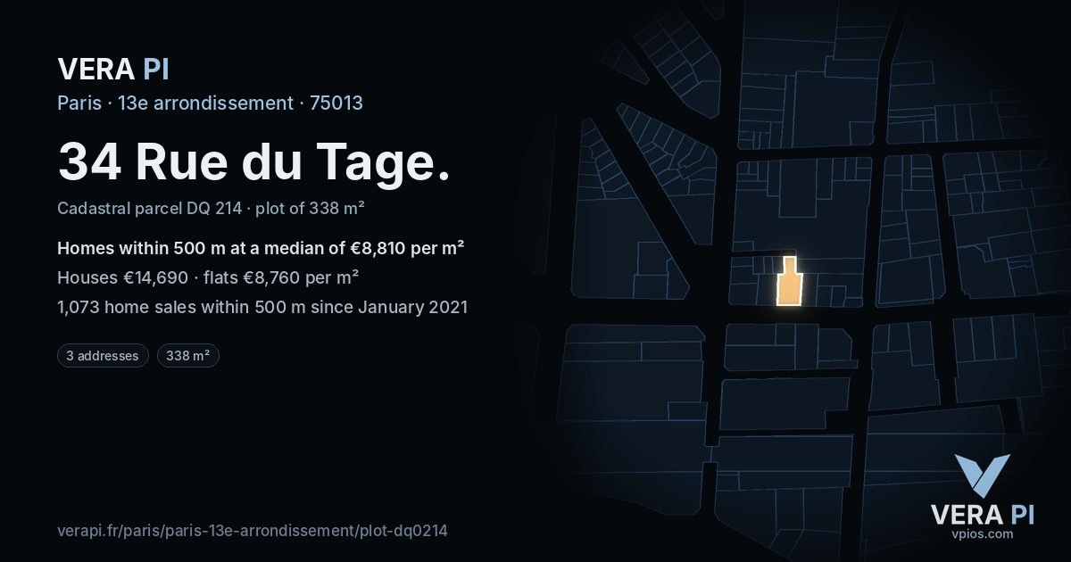 34 Rue du Tage, 13e arrondissement at night – the plot lit, the parcels around coloured by the prices near them
