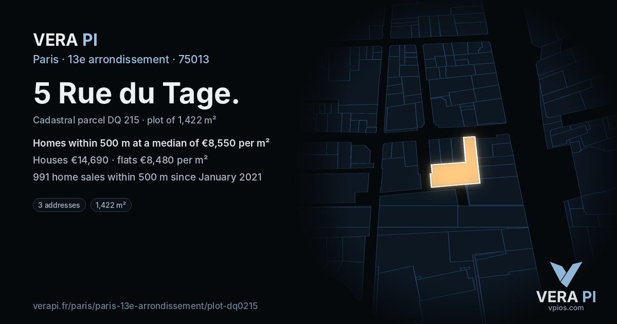 5 Rue du Tage, 13e arrondissement at night – the plot lit, the parcels around coloured by the prices near them