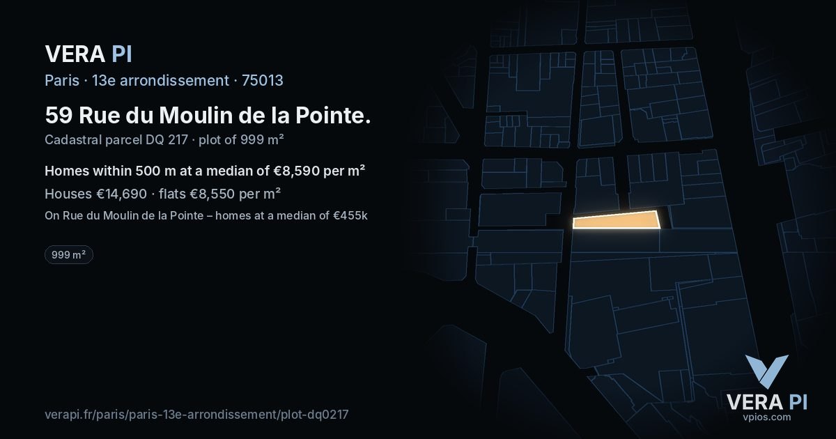 59 Rue du Moulin de la Pointe, 13e arrondissement at night – the plot lit, the parcels around coloured by the prices near them