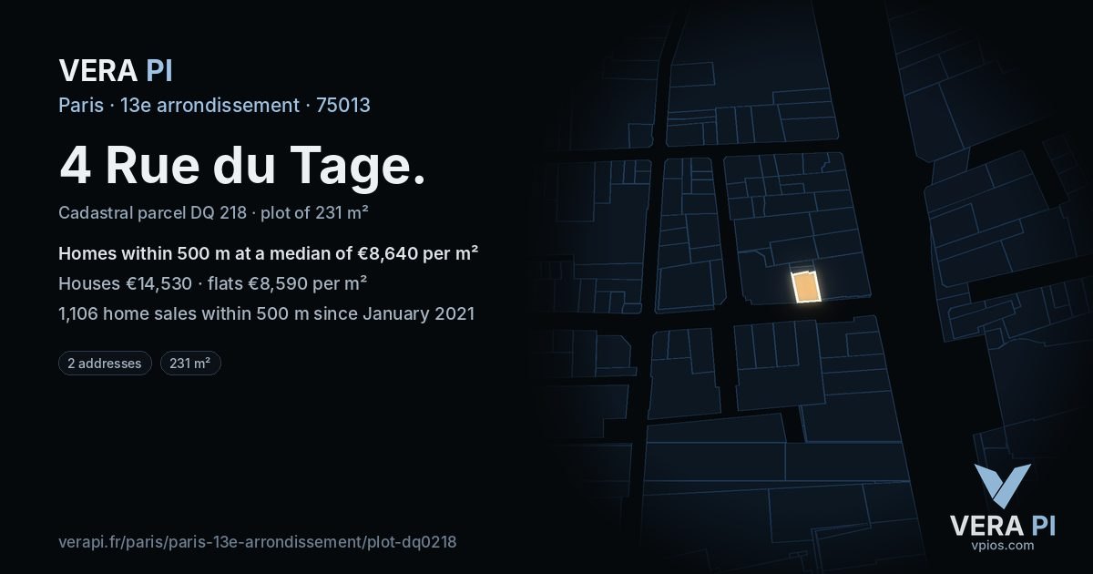 4 Rue du Tage, 13e arrondissement at night – the plot lit, the parcels around coloured by the prices near them
