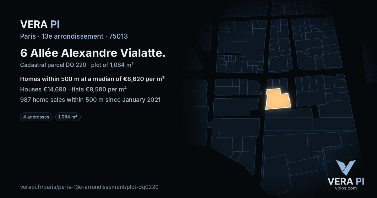 6 Allée Alexandre Vialatte, 13e arrondissement at night – the plot lit, the parcels around coloured by the prices near them