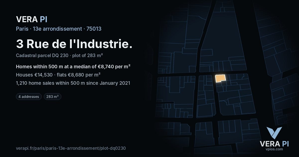 3 Rue de l'Industrie, 13e arrondissement at night – the plot lit, the parcels around coloured by the prices near them