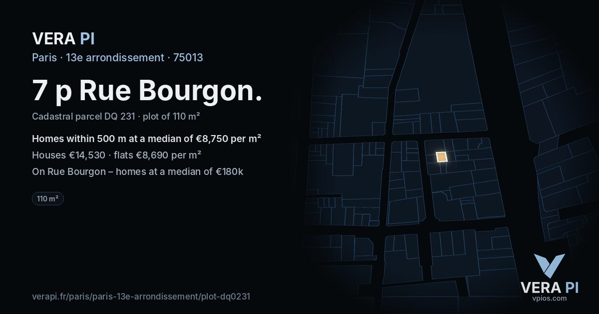 7 p Rue Bourgon, 13e arrondissement at night – the plot lit, the parcels around coloured by the prices near them