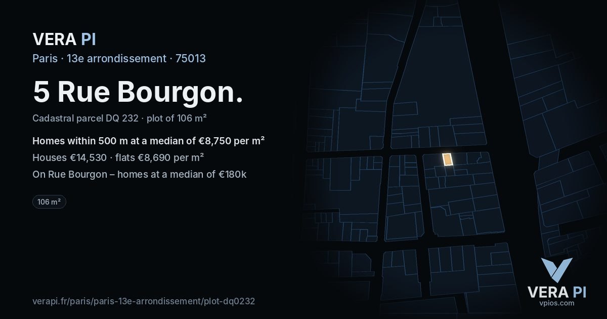 5 Rue Bourgon, 13e arrondissement at night – the plot lit, the parcels around coloured by the prices near them