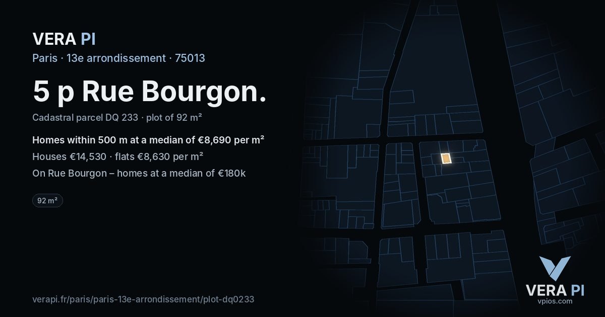5 p Rue Bourgon, 13e arrondissement at night – the plot lit, the parcels around coloured by the prices near them