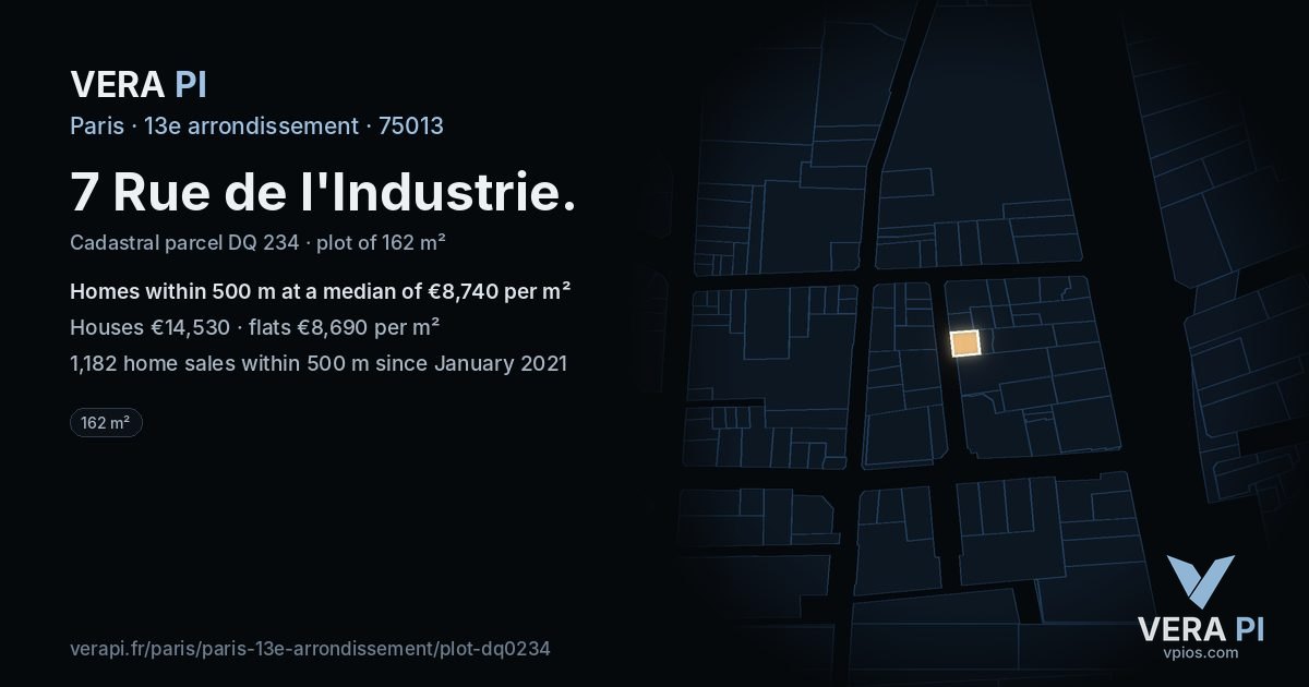 7 Rue de l'Industrie, 13e arrondissement at night – the plot lit, the parcels around coloured by the prices near them