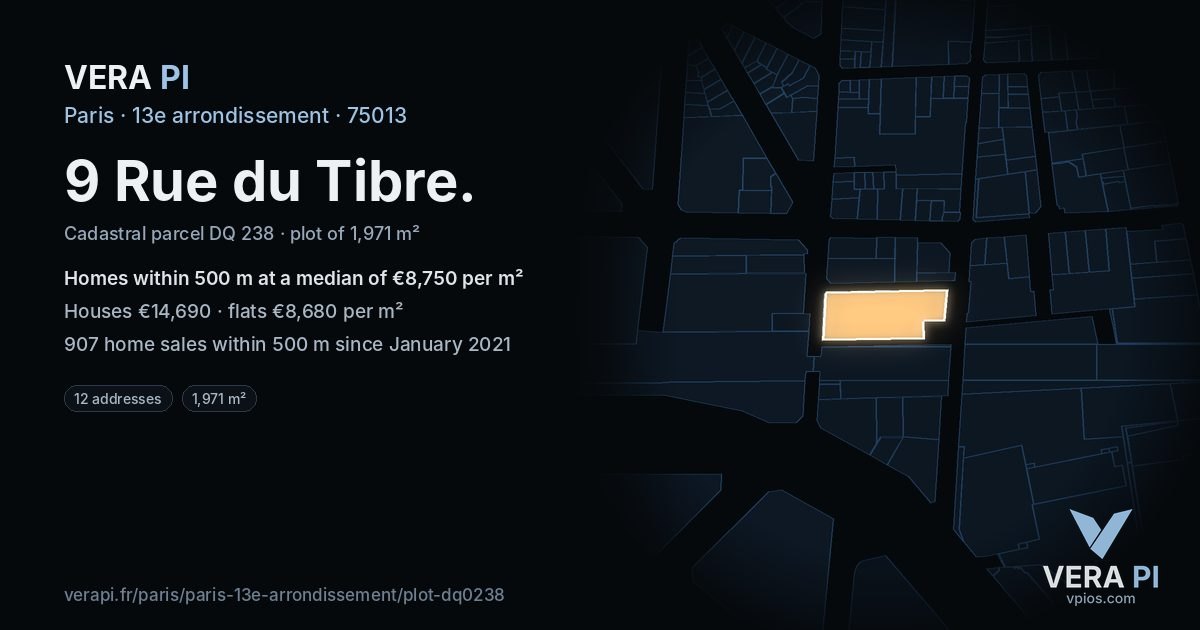 9 Rue du Tibre, 13e arrondissement at night – the plot lit, the parcels around coloured by the prices near them