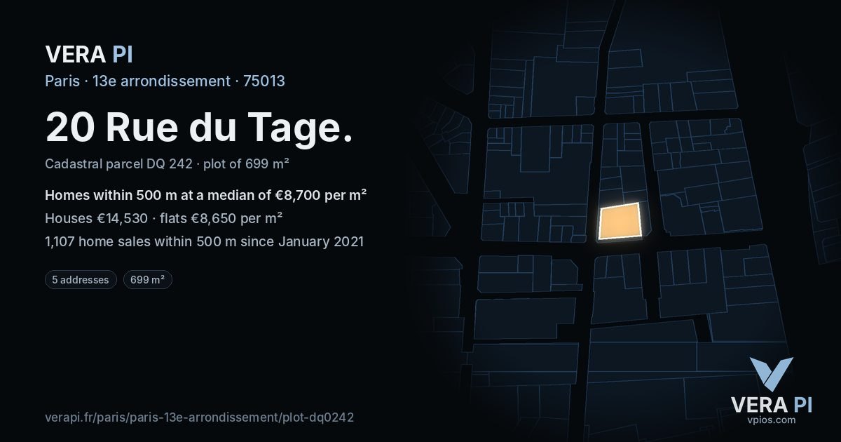 20 Rue du Tage, 13e arrondissement at night – the plot lit, the parcels around coloured by the prices near them